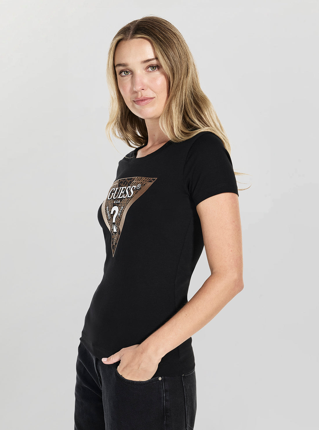 GUESS Womens Eco Black Leo Logo T-Shirt W5BI28J1314 Side View
