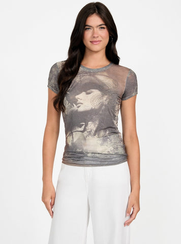 GUESS Womens Brown Multi Nostalgia Sublimation T-Shirt W5BI33K37Z0 Front View