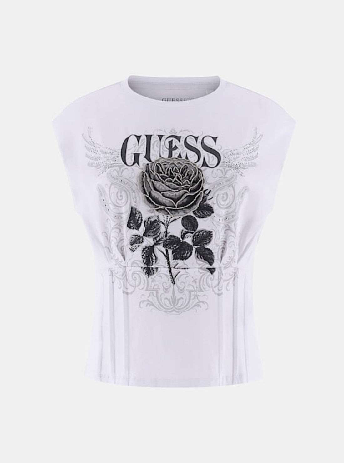 GUESS Womens White Rocker Rose Smocked T-Shirt W5BI42K49A1 Flatlay