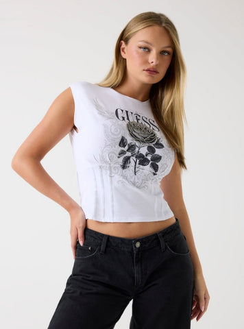 GUESS Womens White Rocker Rose Smocked T-Shirt W5BI42K49A1 Front View