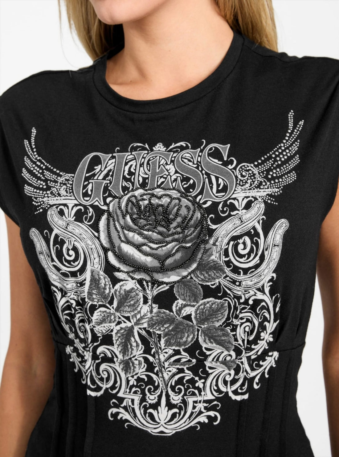 GUESS Womens Black Rocker Rose Smocked T-Shirt W5BI42K49A1 Detail View
