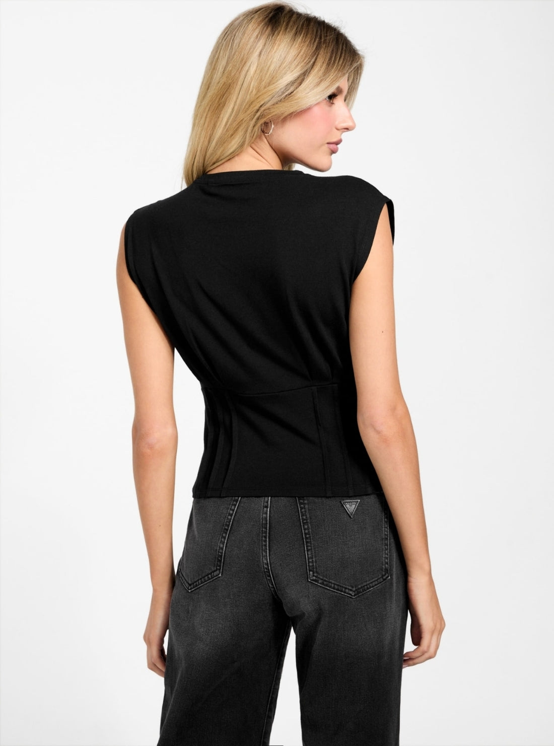 GUESS Womens Black Rocker Rose Smocked T-Shirt W5BI42K49A1 Back View