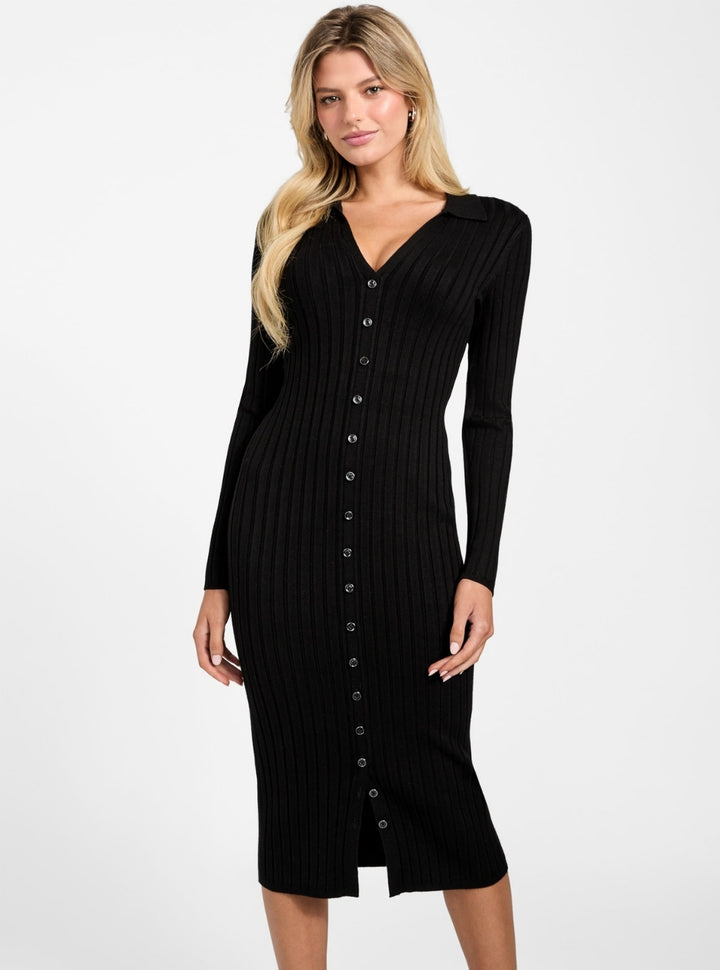 GUESS Womens Eco Black Miranda Ribbed Sweater Dress W5BK60Z2YJ2 Front View