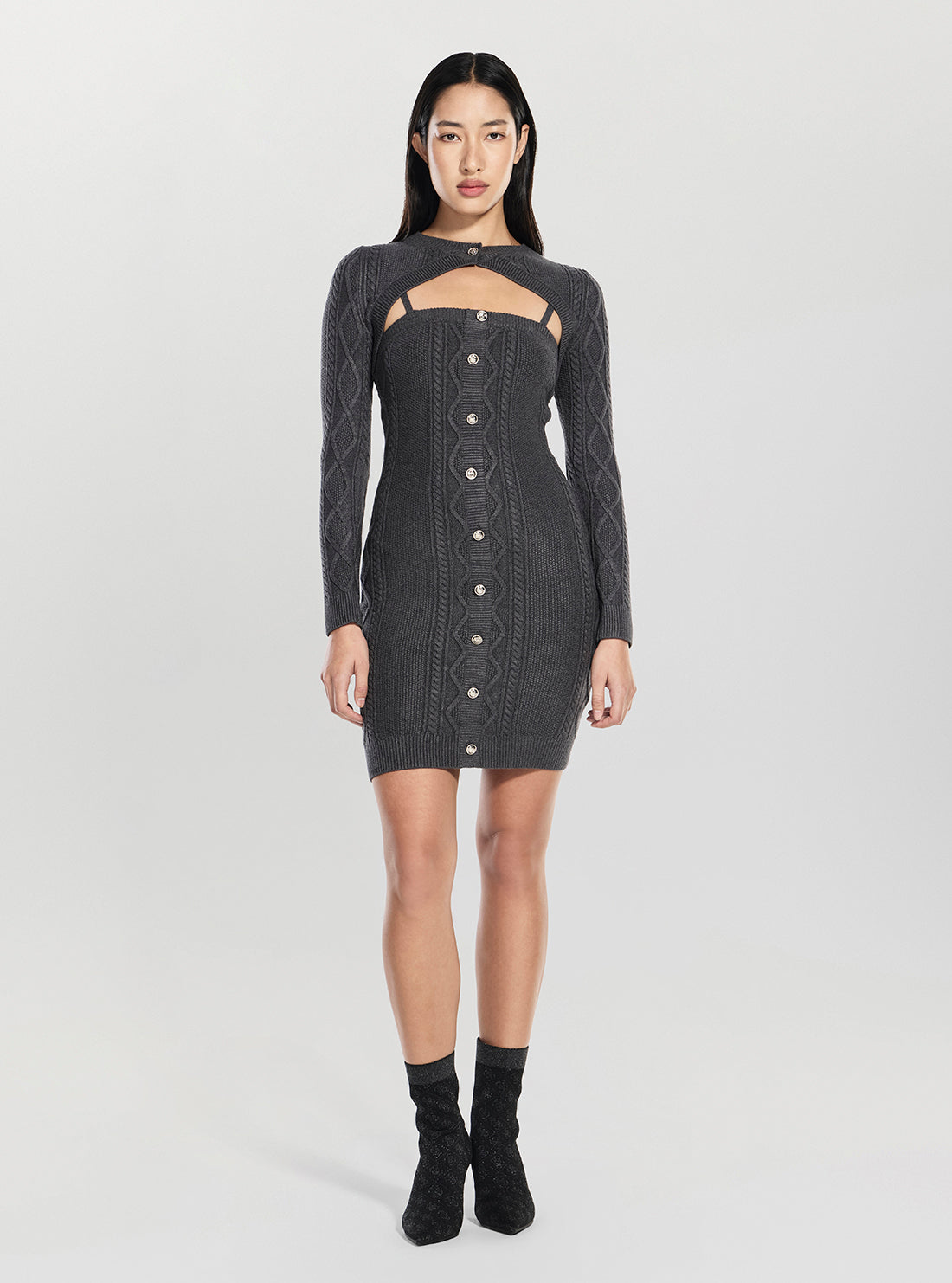 GUESS Womens Grey Daphne Cable Knitted Dress W5BK61Z2ZK2 Full View