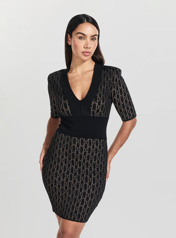 GUESS Womens Marciano Multi Billie Monogram V-Neck Dress 5YGK205877Z Front View 