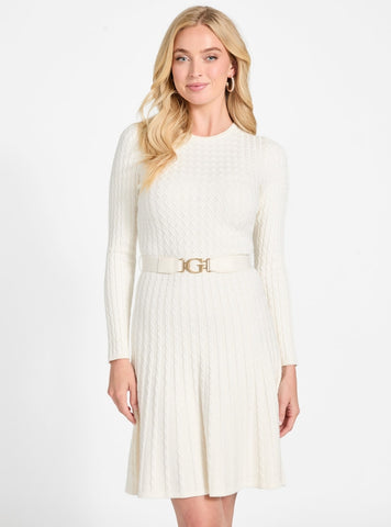 GUESS Womens Eco White Cable Belted Hana Mini Dress W5BK68Z2YJ2 Front View
