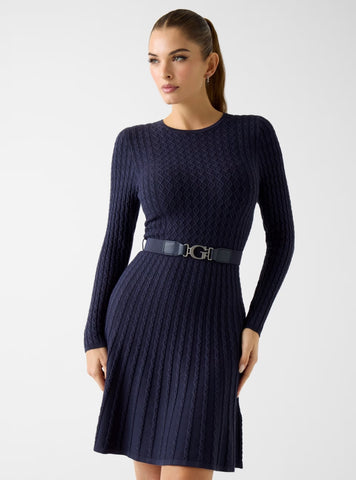 GUESS Womens Eco Blue Cable Belted Hana Mini Dress W5BK68Z2YJ2 Front View
