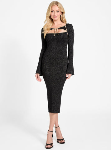 GUESS Womens Black Sansa Lurex Midi Dress W5BK90Z3702 Front View