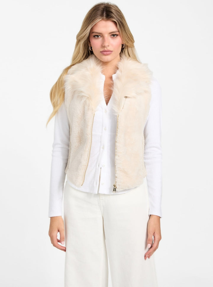 GUESS Womens Beige Amari Faux-Fur Vest W5BL0IKCP70 Front View