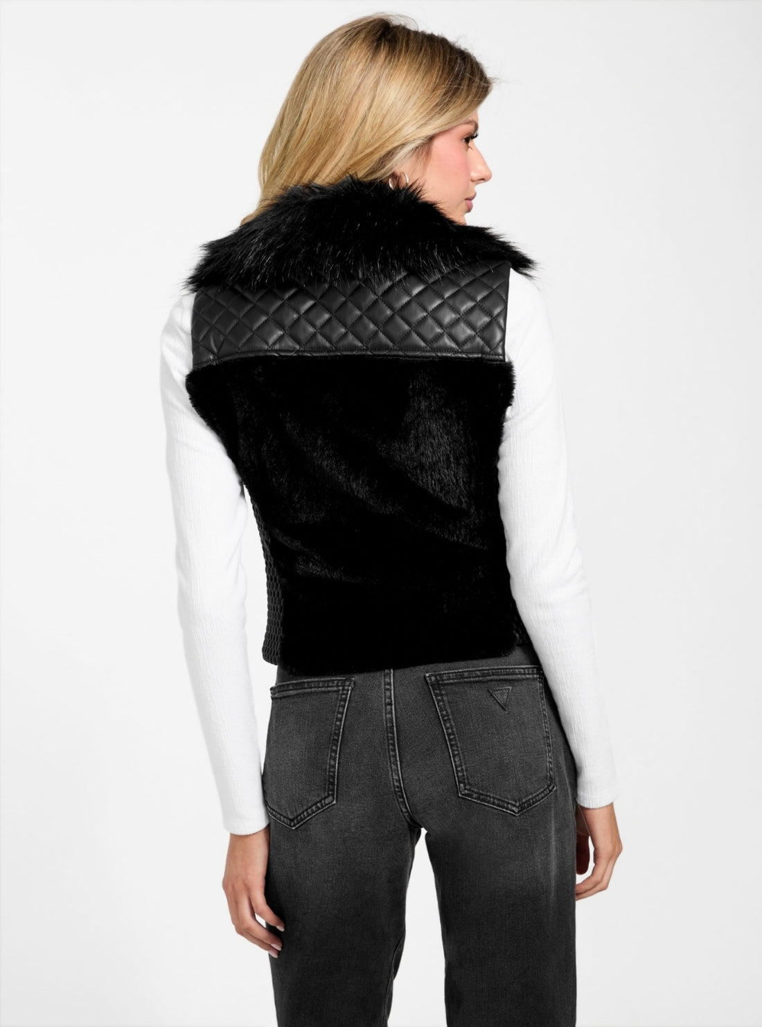 GUESS Womens Black Amari Faux-Fur Vest W5BL0IKCP70 Back View