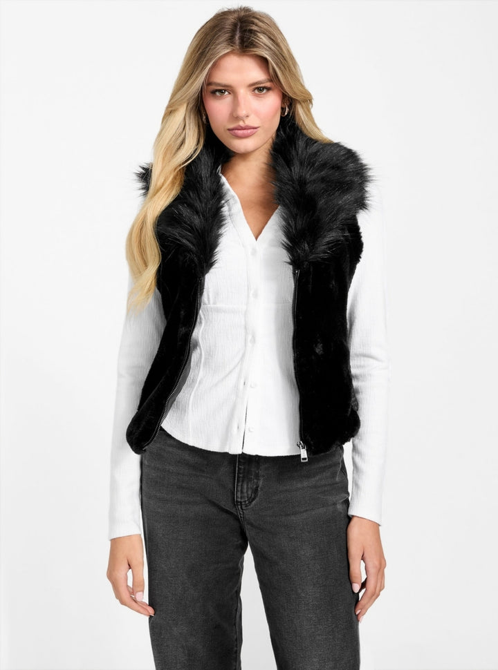 GUESS Womens Black Amari Faux-Fur Vest W5BL0IKCP70 Front View