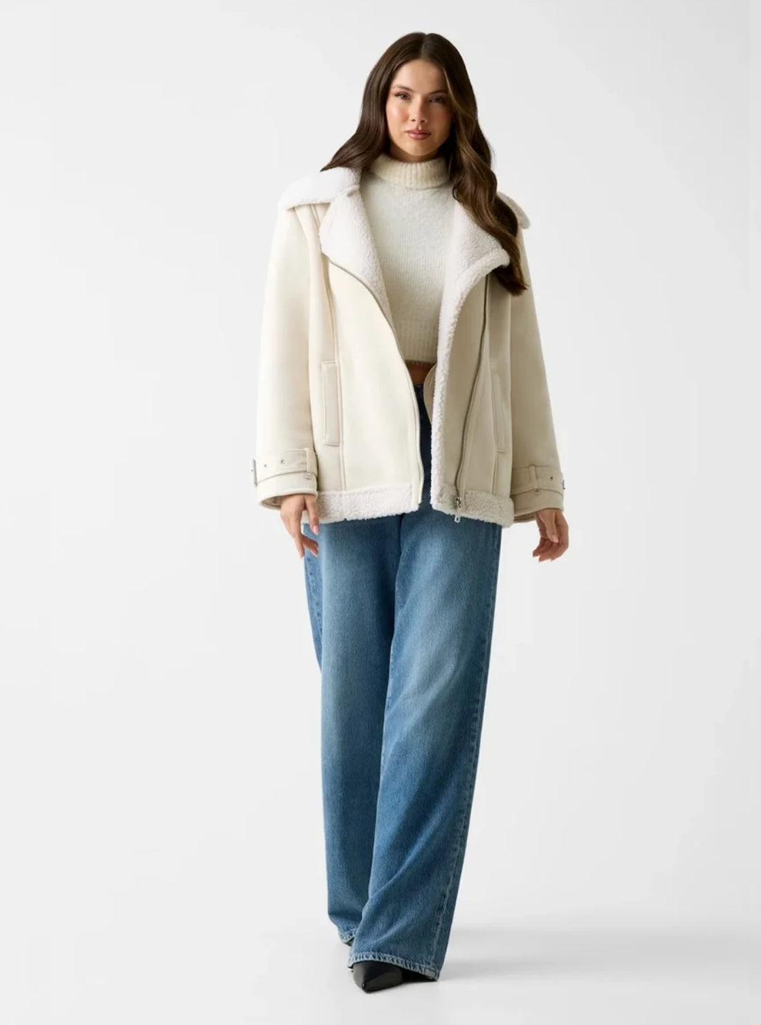 GUESS Womens Eco White Maristella Faux Shearling Jacket W5BL23W2662 Full View