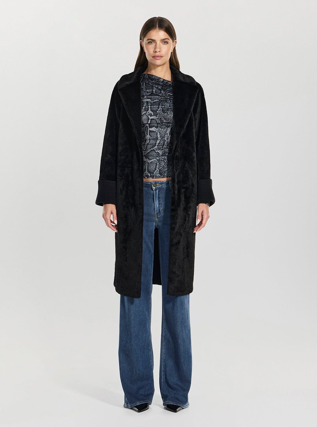 GUESS Womens Black Ludovica Faux Fur Knit Coat W5BL63W4200 Full View
