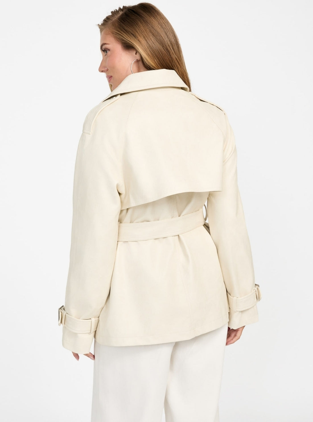 GUESS Womens White Marika Faux-Leather Short Trench Coat W5BL88WH520 Back View