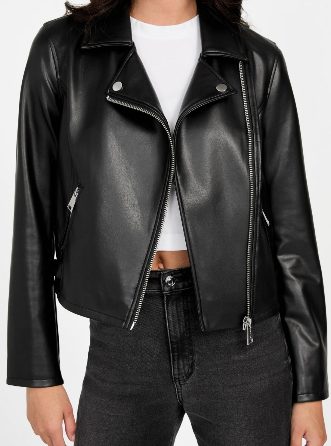 GUESS Womens Black Miko Faux-Leather Moto Jacket W5BL97K8S30 Detail View