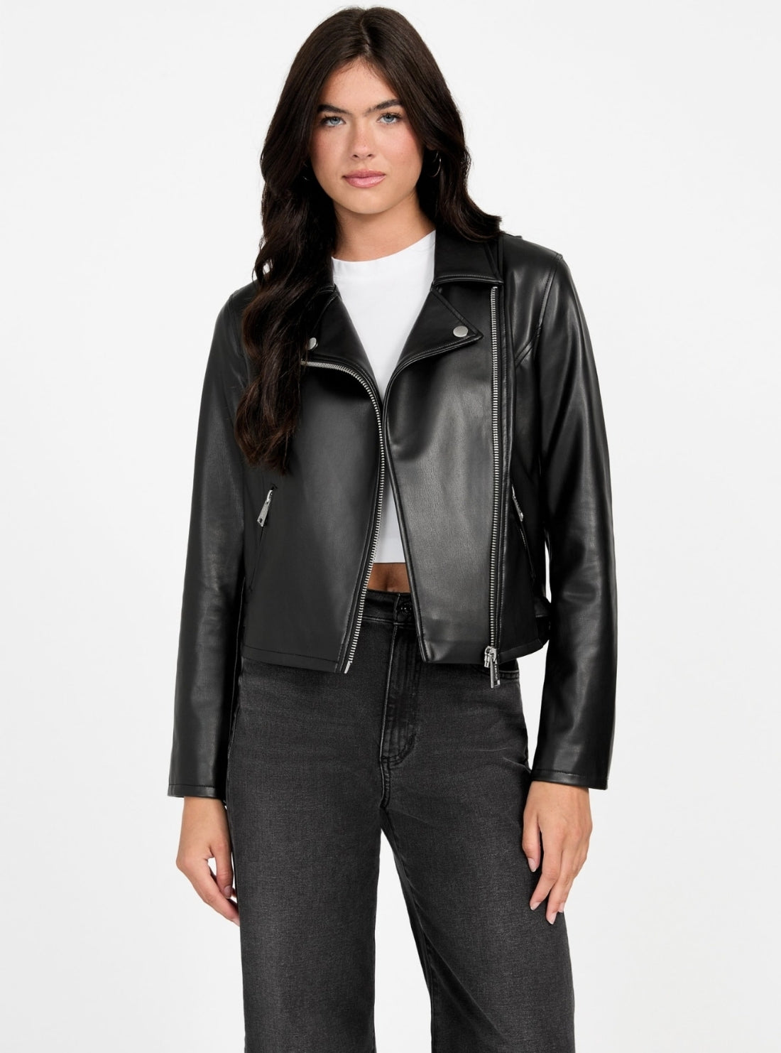 GUESS Womens Black Miko Faux-Leather Moto Jacket W5BL97K8S30 Front View