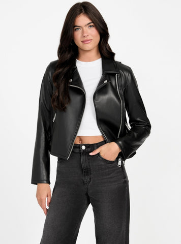 GUESS Womens Black Miko Faux-Leather Moto Jacket W5BL97K8S30 Front View