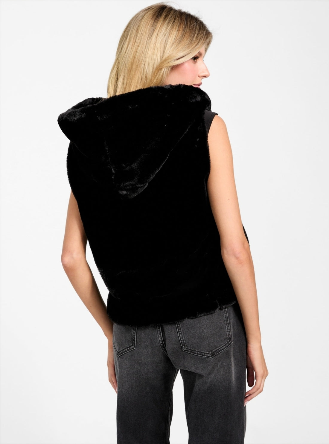GUESS Womens Black Sophy Hooded Faux-Fur Vest W5BL99WDCH0 Back View