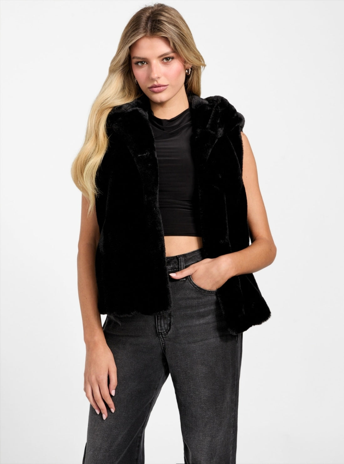 GUESS Womens Black Sophy Hooded Faux-Fur Vest W5BL99WDCH0 Front View