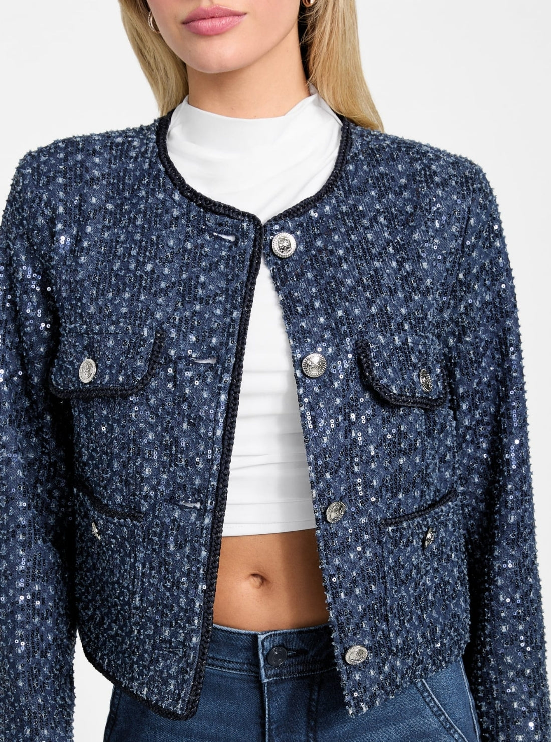 GUESS Womens Blue Elisa Sequin Denim Jacket W5BN0CD0771 Detail View