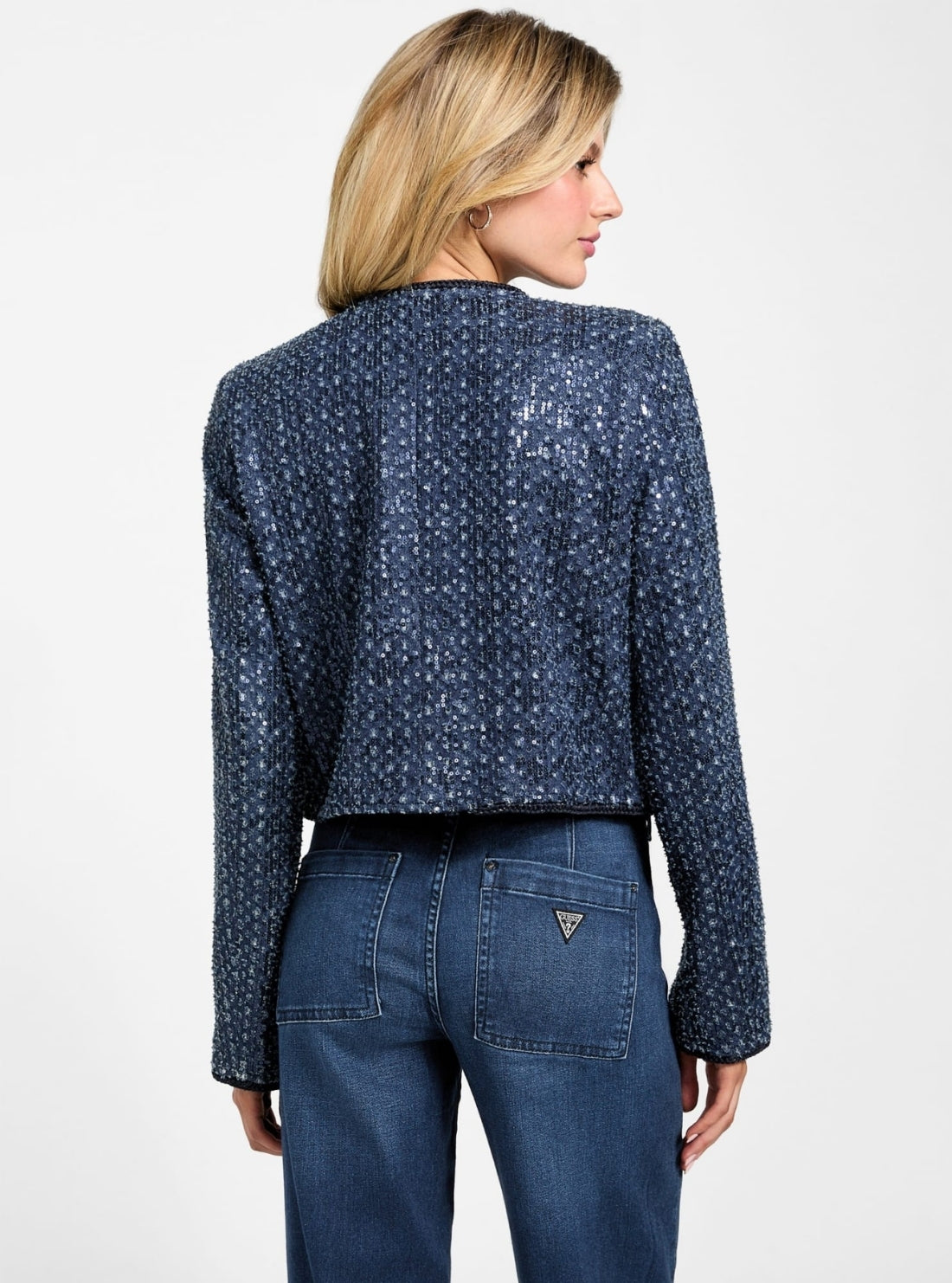 GUESS Womens Blue Elisa Sequin Denim Jacket W5BN0CD0771 Back View