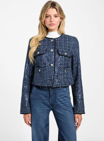 GUESS Womens Blue Elisa Sequin Denim Jacket W5BN0CD0771 Front View