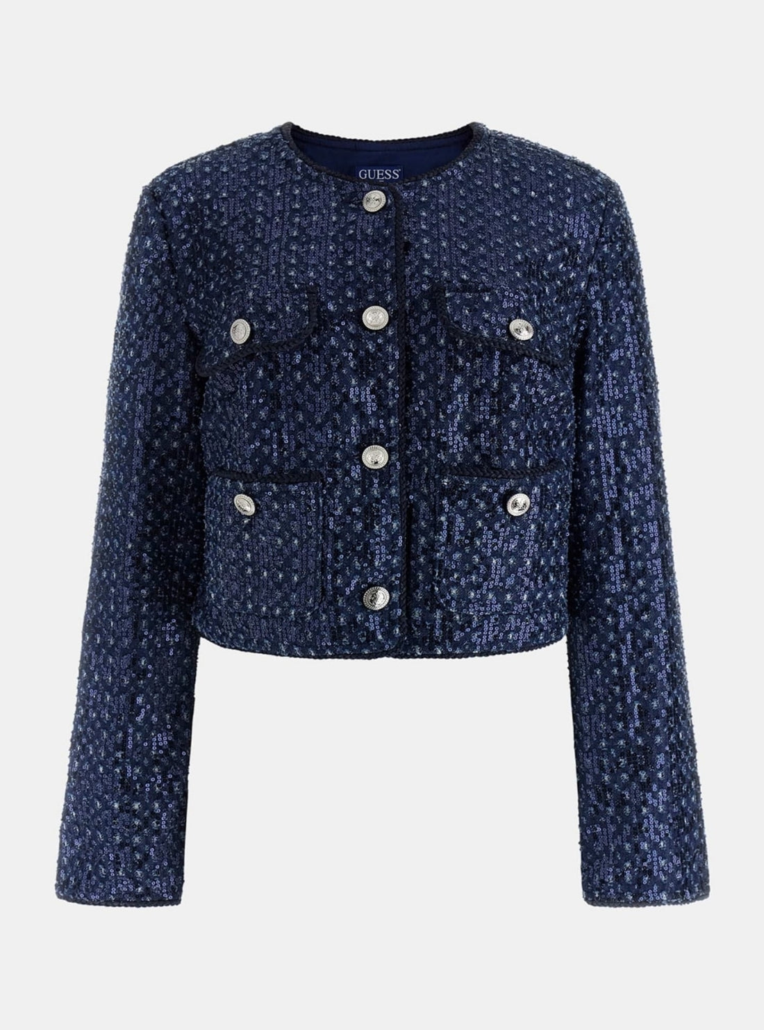 GUESS Womens Blue Elisa Sequin Denim Jacket W5BN0CD0771 Flatlay