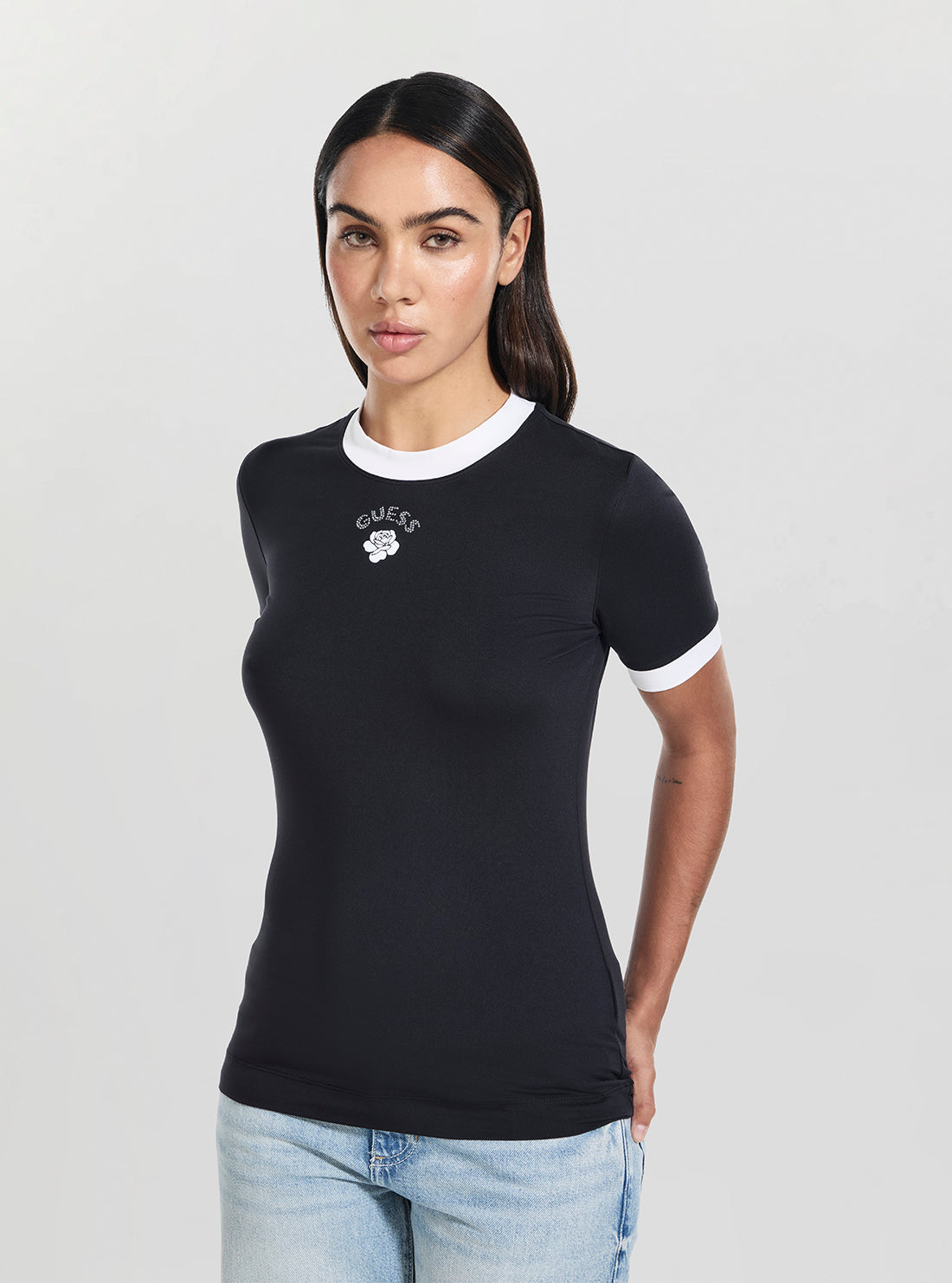 GUESS Womens Black Mini Rose T-Shirt W5BP22K1262 Front View_2