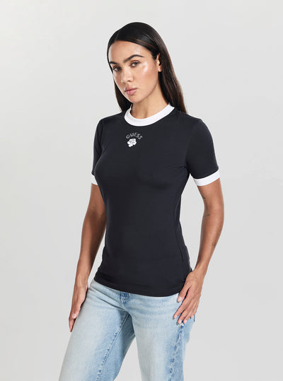 GUESS Womens Black Mini Rose T-Shirt W5BP22K1262 Front View