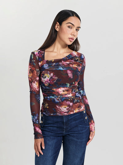 GUESS Womens Multi Bernadette Bloom Print Top W5BP32KCZC2 Front View