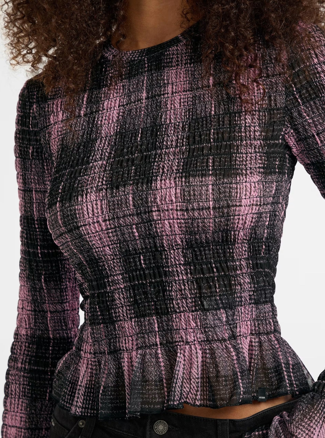 Guess Originals Black Smocked Mesh Printed T-Shirt W5BP35KBBF2 Detail View