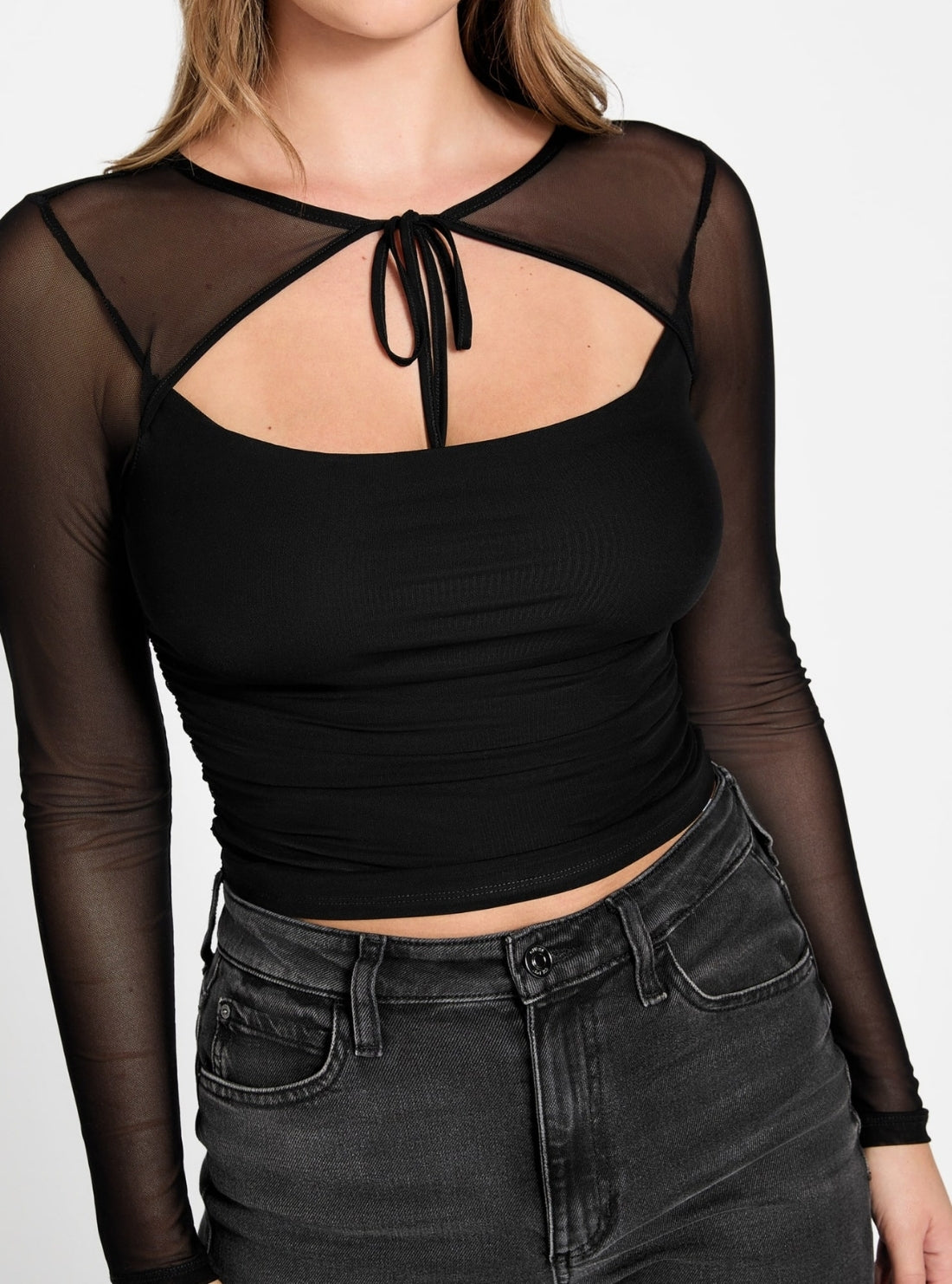 GUESS Womens Eco Black Lauryn Tied Mesh Top W5BP67KBAH2 Detail View
