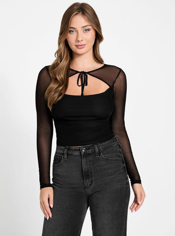 GUESS Womens Eco Black Lauryn Tied Mesh Top W5BP67KBAH2 Front View