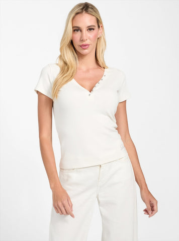 GUESS Womens Eco White Kyla Rib Henley W5BP79KBC01 Front View