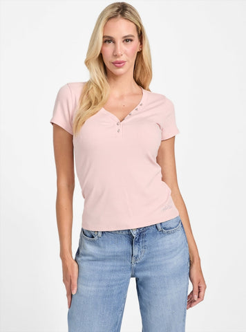 GUESS Womens Pink Kyla Rib Henley Top W5BP79KBC01 Front View