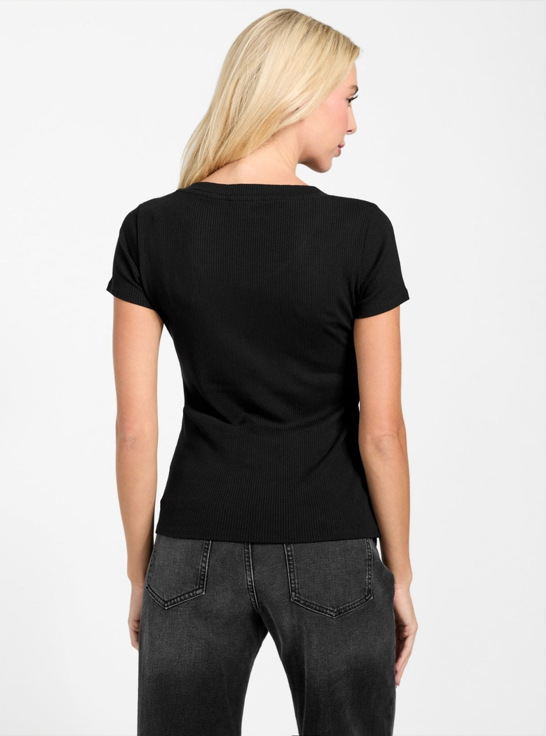 GUESS Womens Black Kyla Rib Henley T-Shirt W5BP79KBC01 Back View
