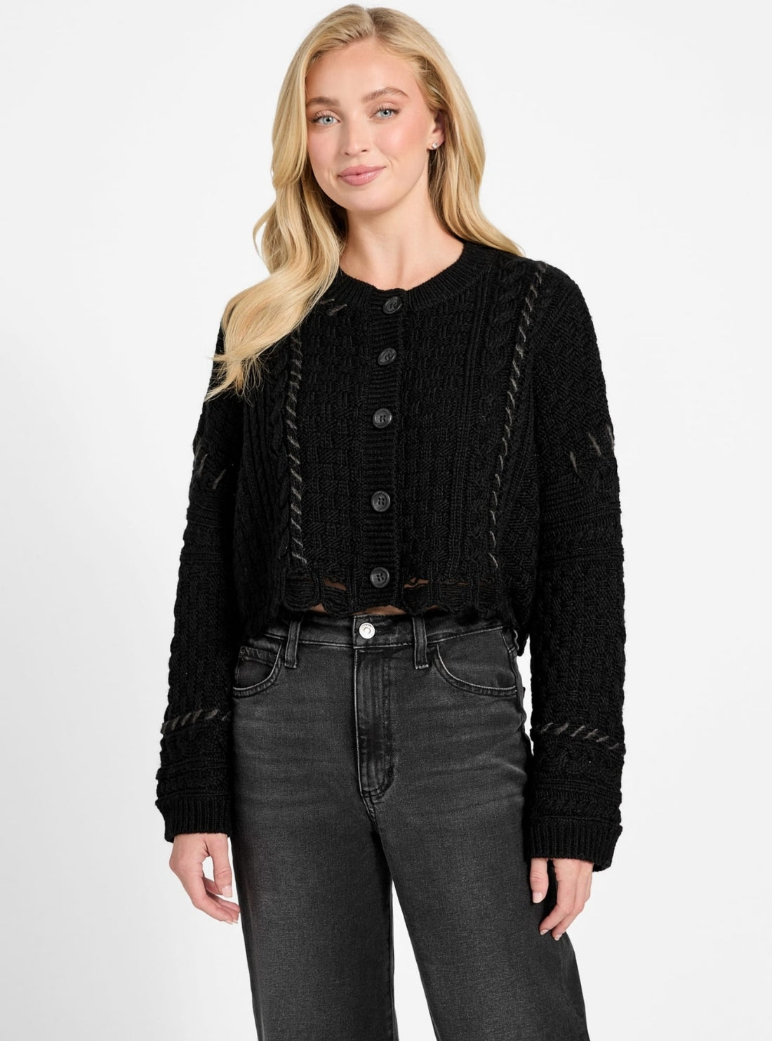 GUESS Womens Black Kaori Wool-Blend Stitched Cardigan W5BR0BZ4070  Full View