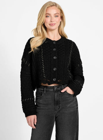 GUESS Womens Black Kaori Wool-Blend Stitched Cardigan W5BR0BZ4070 Front View