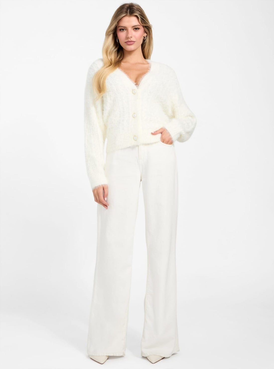 GUESS Womens White Kinako Fuzzy Cardigan W5BR0DZ3BH0 Full View