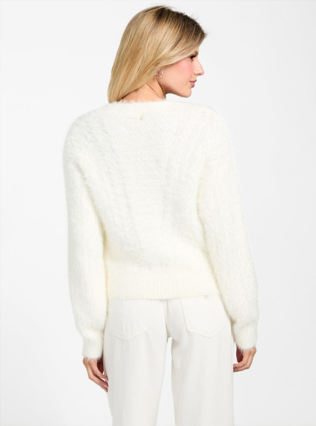 GUESS Womens White Kinako Fuzzy Cardigan W5BR0DZ3BH0 Back View