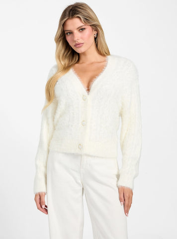 GUESS Womens White Kinako Fuzzy Cardigan W5BR0DZ3BH0 Front View