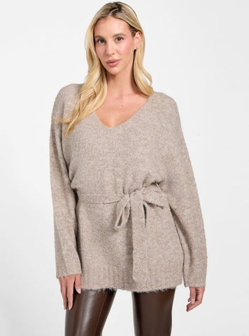 GUESS Womens Eco Brown Kiyoka Sweater Tie Tunic W5BR0PZ4302 Front View