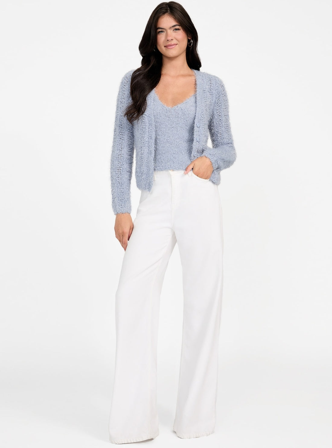 GUESS Womens Eco Blue Bea Open-Stitch Cardigan W5BR19Z3OX2 Full View