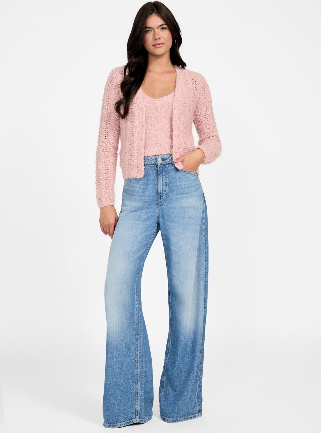 GUESS Womens Eco Pink Bea Open-Stitch Cardigan W5BR19Z3OX2 Full View
