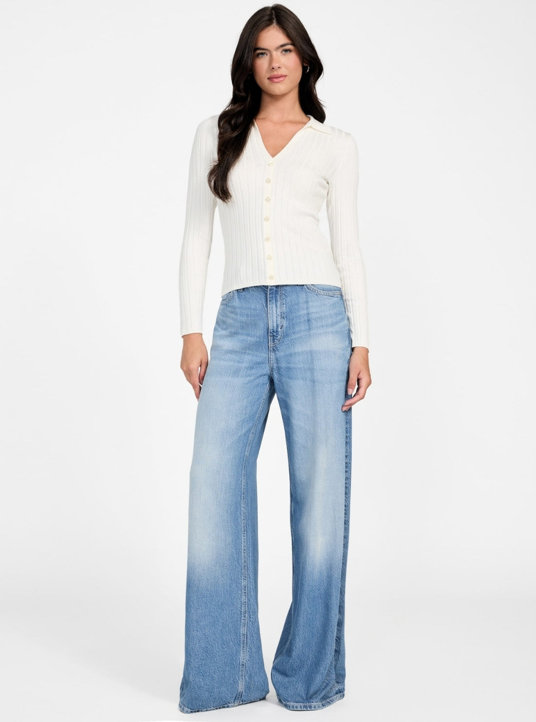 GUESS Womens Eco White Ribbed Miranda Sweater Top W5BR51Z2YK2 Full View