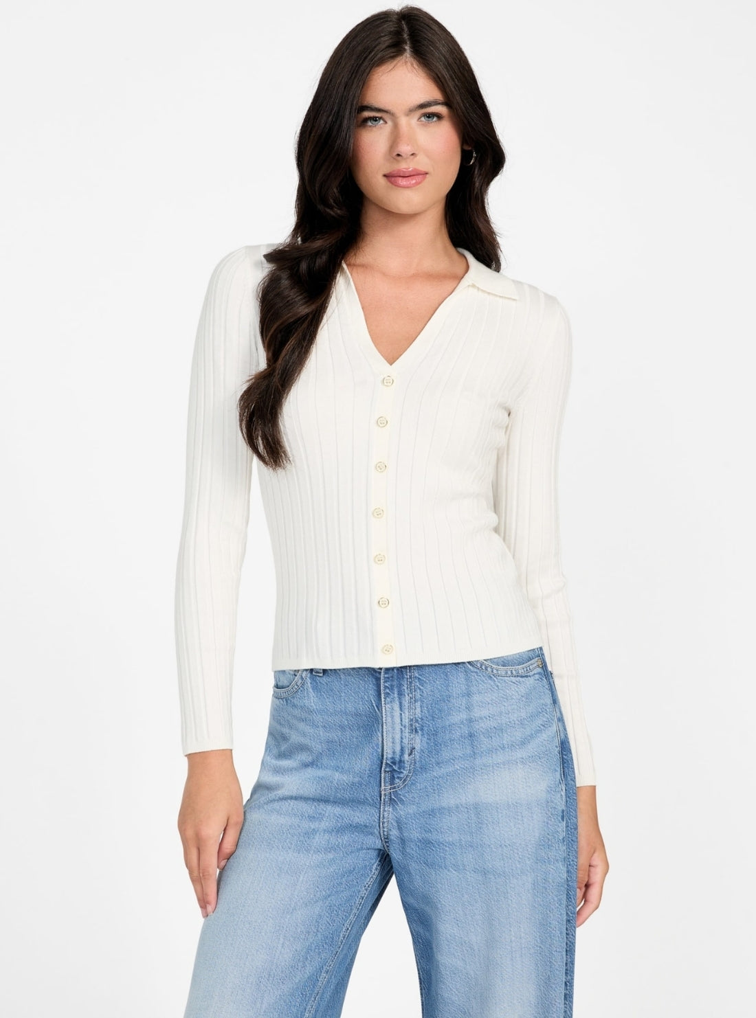 GUESS Womens Eco White Ribbed Miranda Sweater Top W5BR51Z2YK2 Front View