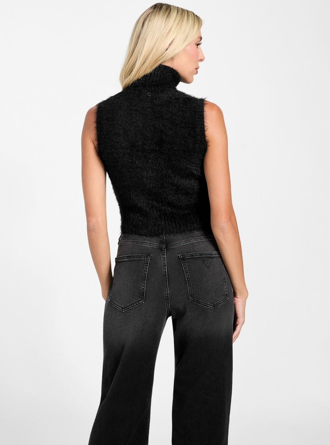 GUESS Womens Black Turtle Neck Mei Sweater W5BR57Z3BH0 Back View