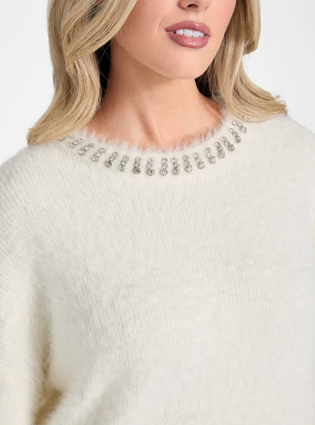 GUESS Womens White Arisa Rhinestone Neck Sweater W5BR58Z3BH0 Detail View