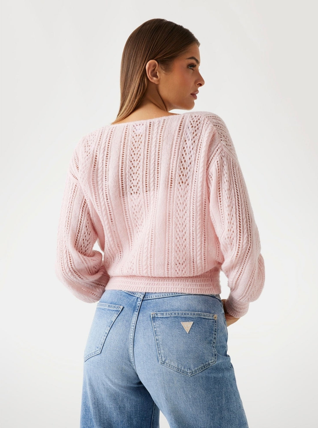 GUESS Womens Pink Izabella Overlapped Sweater W5BR90Z3HQ0 Back View