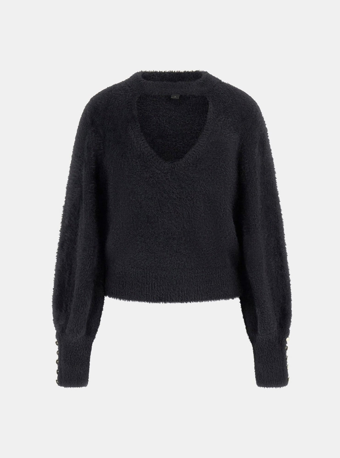 GUESS Womens Black Yuki Fuzzy Cut-Out Sweater W5BR92Z3BJ0 Flatlay